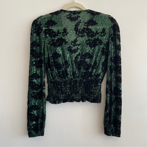 Maje sequin embroidered top green v neck balloon sleeve going out event party 1 - Picture 5 of 16